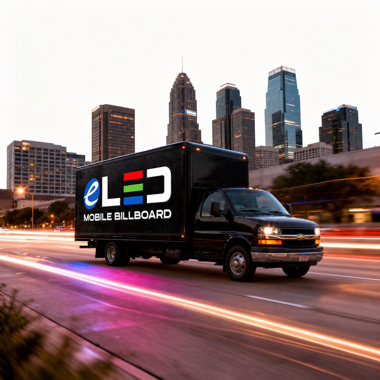 LED billboard truck driving through Houston at dusk